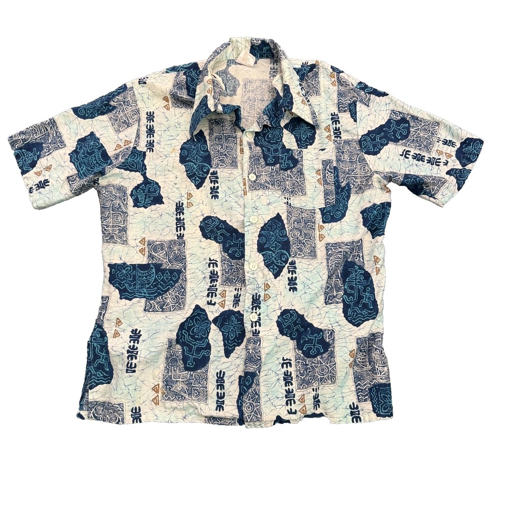 Vintage Jantzen Hawaiian Shirt Mens XL USA Made Tiki Aloha Camp Button Up Blue